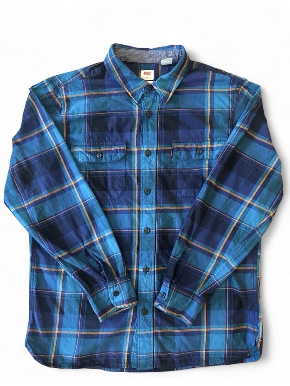 Levi’s Men’s Medium Plaid Button Down Shirt Teal Navy Orange Relaxed Fit